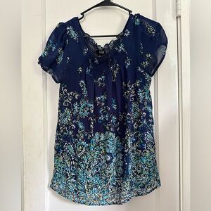 Maurices Blue Smocked Tie Front Short Sleeve Blouse
